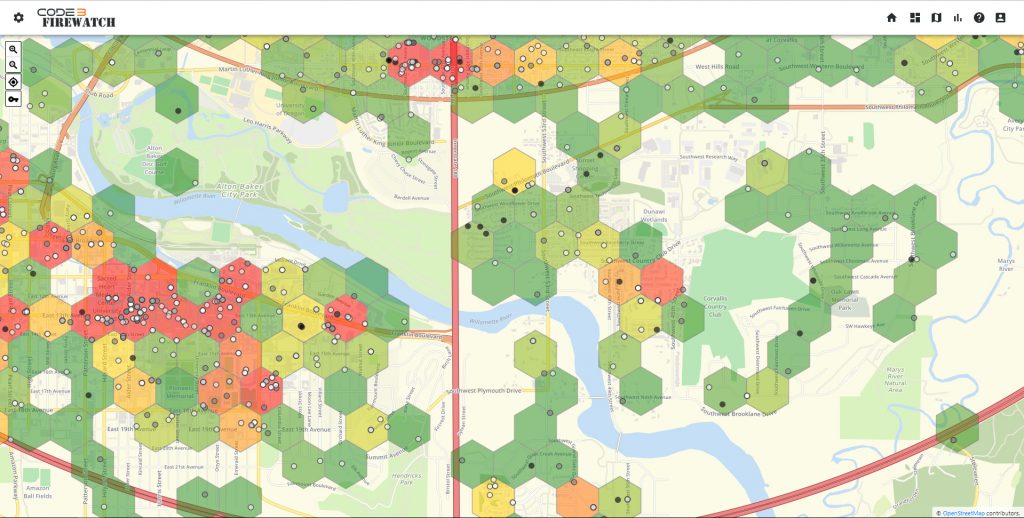 Map showing service area coverage with hexagonal data points